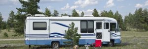 Camper with Dog Sitting in Front